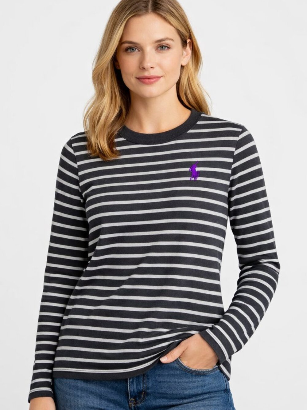Ralph Lauren Sport Striped Long Sleeve Crewneck Tee Gray Ivory Purple Pony Women
